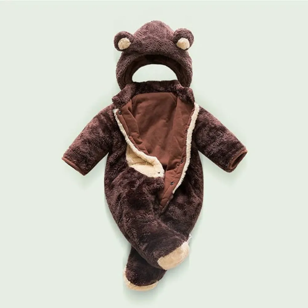 MKS Dark Brown Bear Style Quilted Fur Romper With Cap 12357