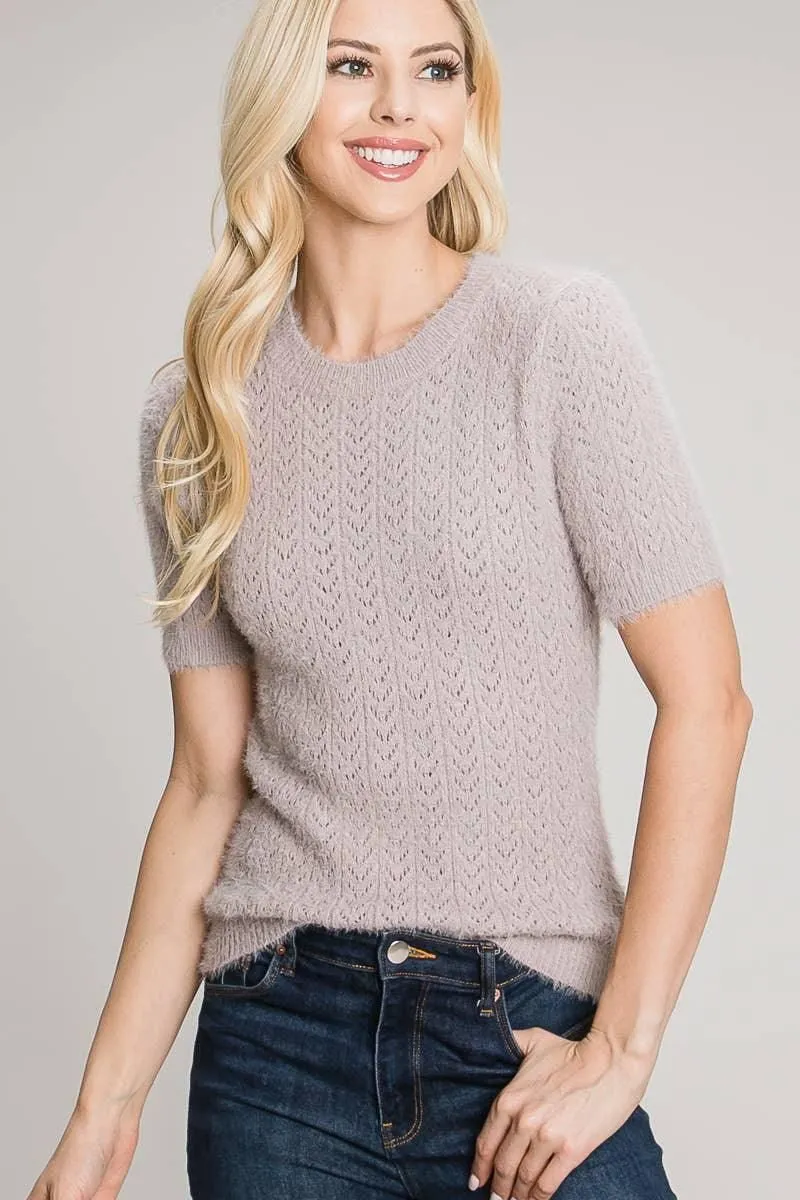 Short Sleeve Pointelle Eyelash Sweater