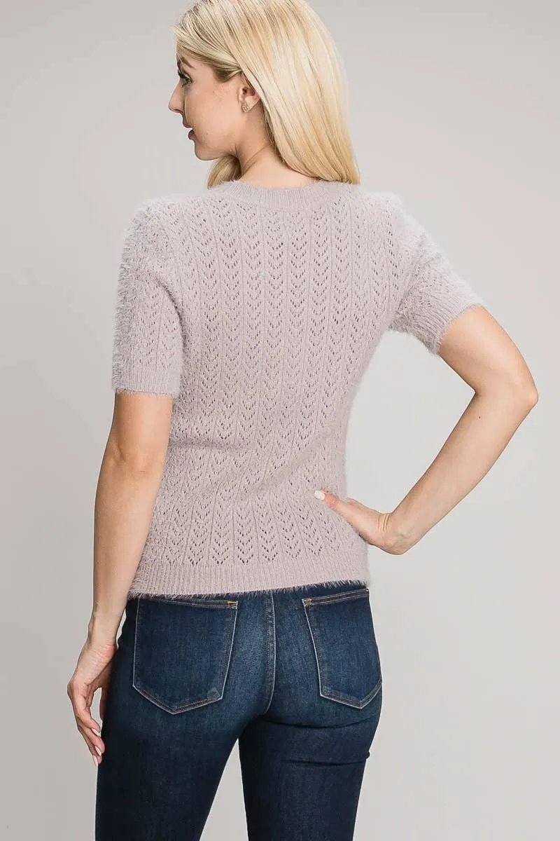 Short Sleeve Pointelle Eyelash Sweater
