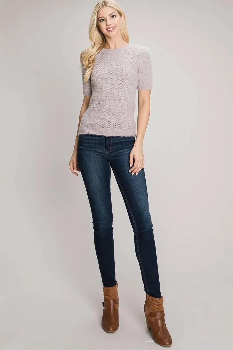 Short Sleeve Pointelle Eyelash Sweater