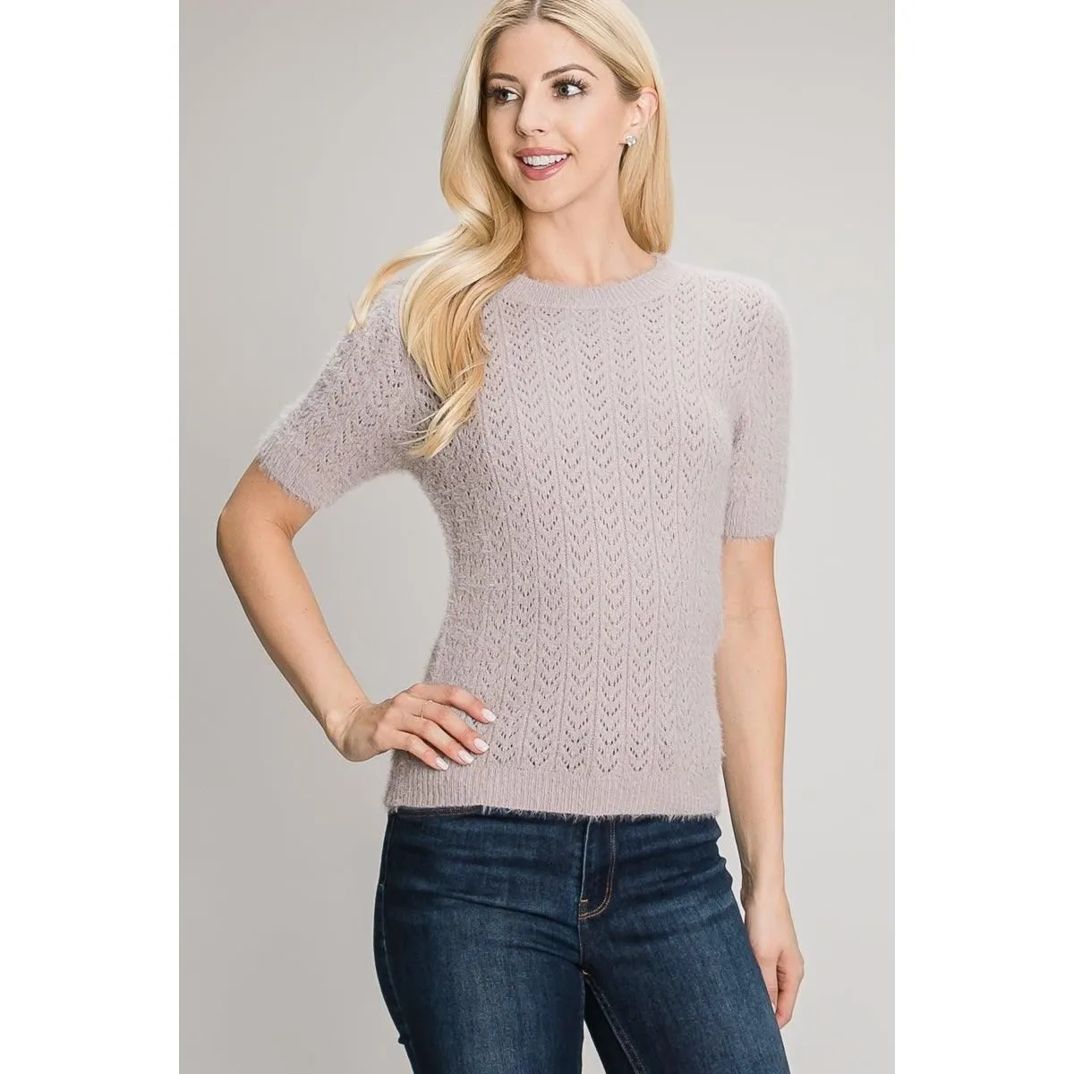 Short Sleeve Pointelle Eyelash Sweater