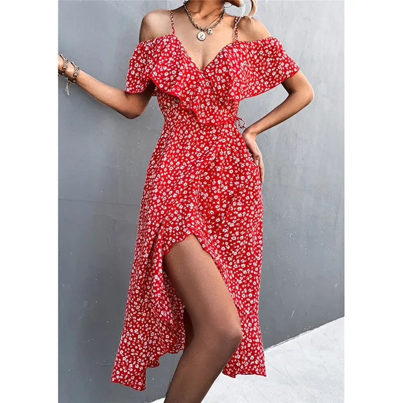 Summer Straps Midi Dress Beach Casual Party Off Shoulder Slim Ruffles Floral Print Dresses