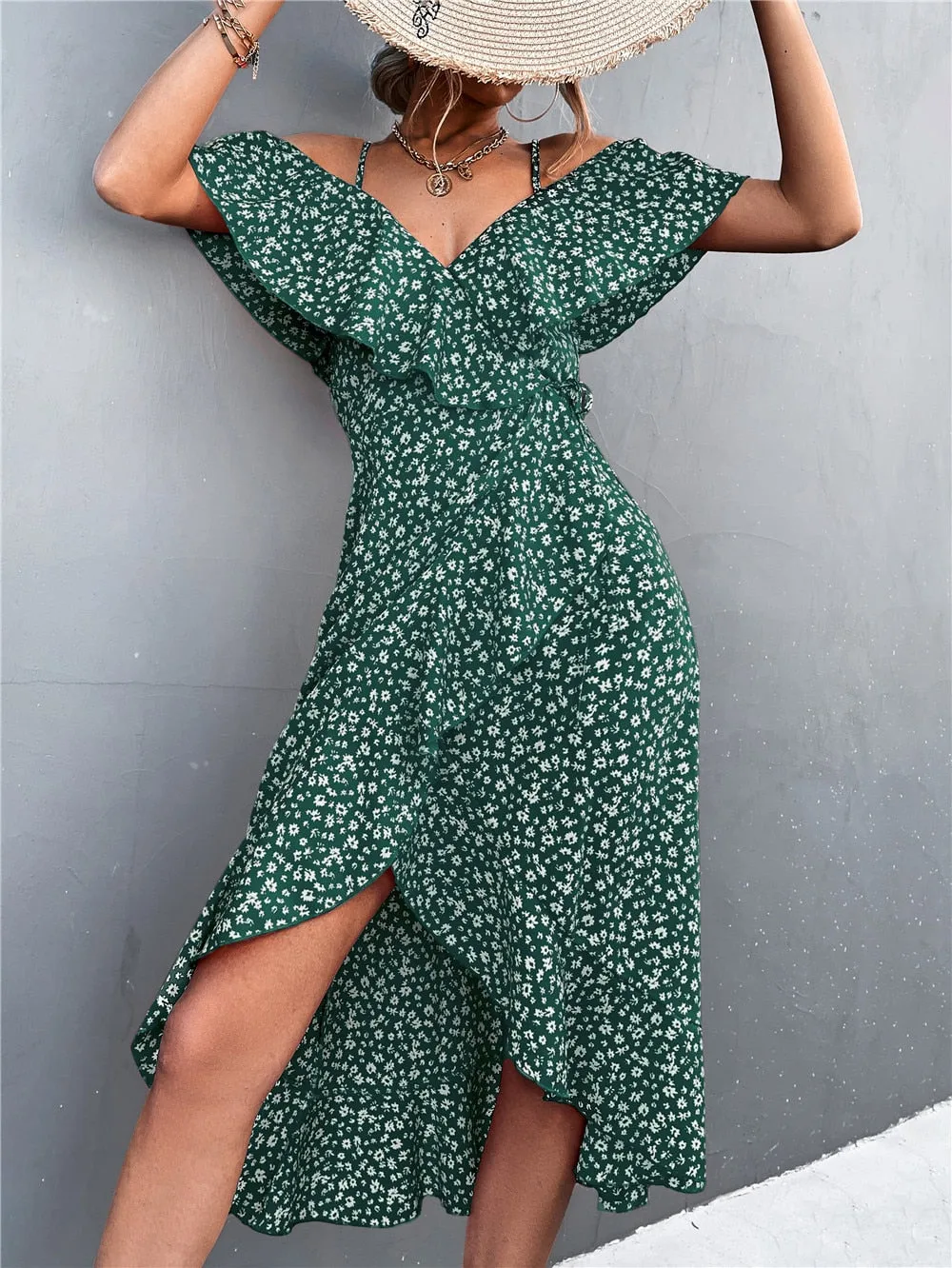 Summer Straps Midi Dress Beach Casual Party Off Shoulder Slim Ruffles Floral Print Dresses