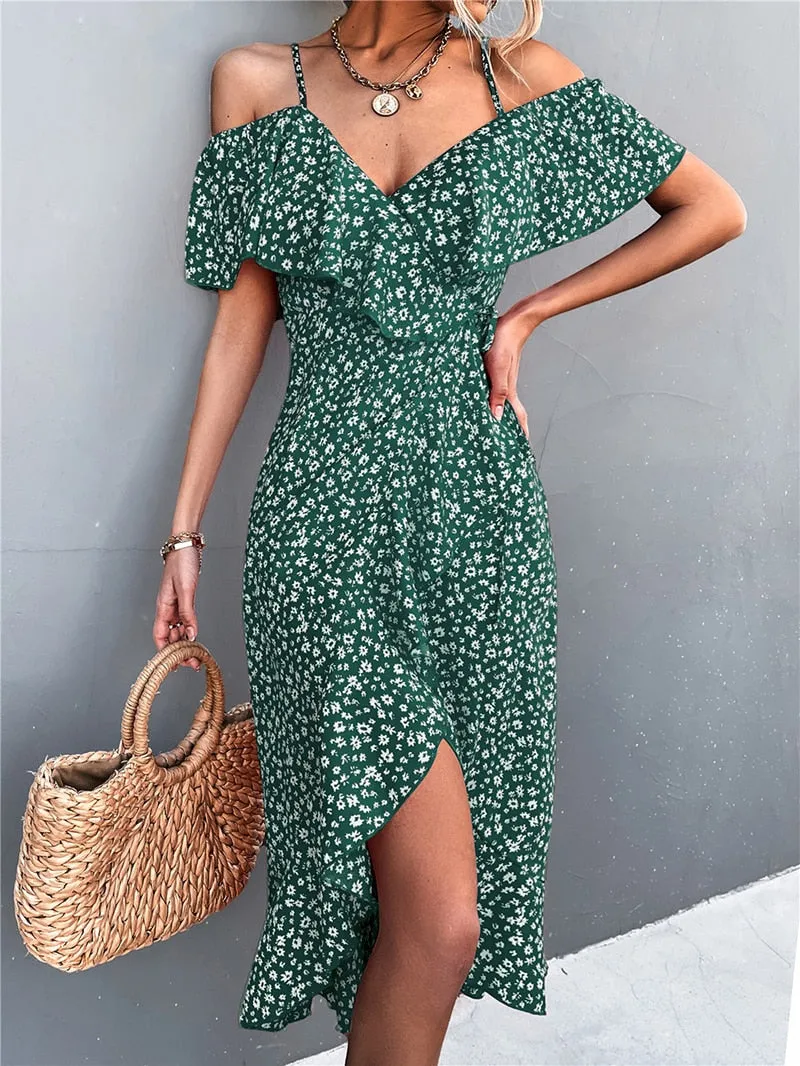 Summer Straps Midi Dress Beach Casual Party Off Shoulder Slim Ruffles Floral Print Dresses