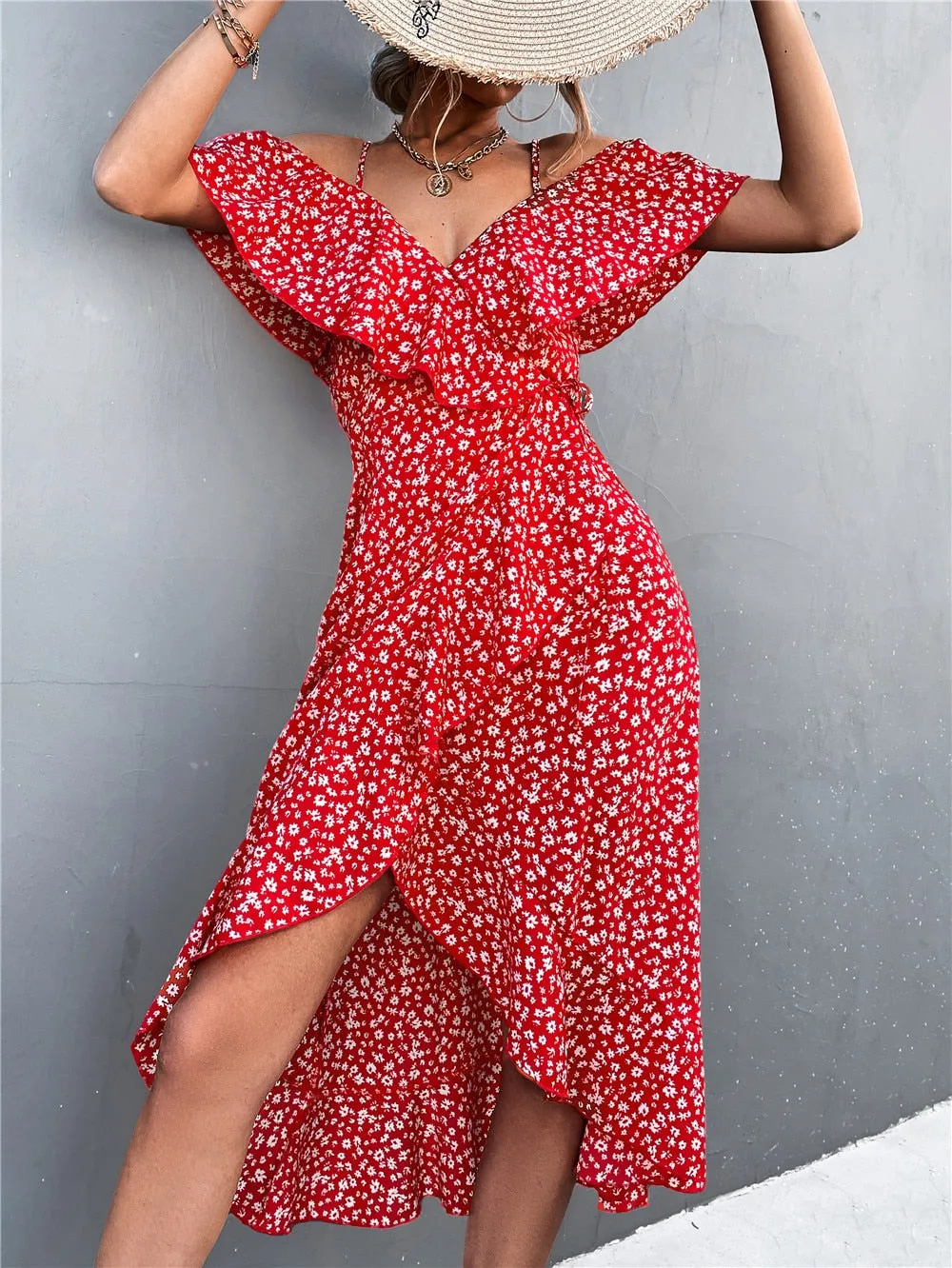 Summer Straps Midi Dress Beach Casual Party Off Shoulder Slim Ruffles Floral Print Dresses