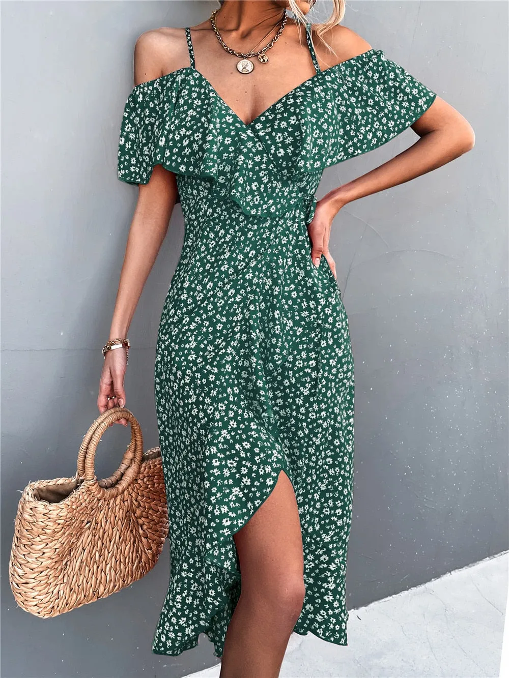 Summer Straps Midi Dress Beach Casual Party Off Shoulder Slim Ruffles Floral Print Dresses