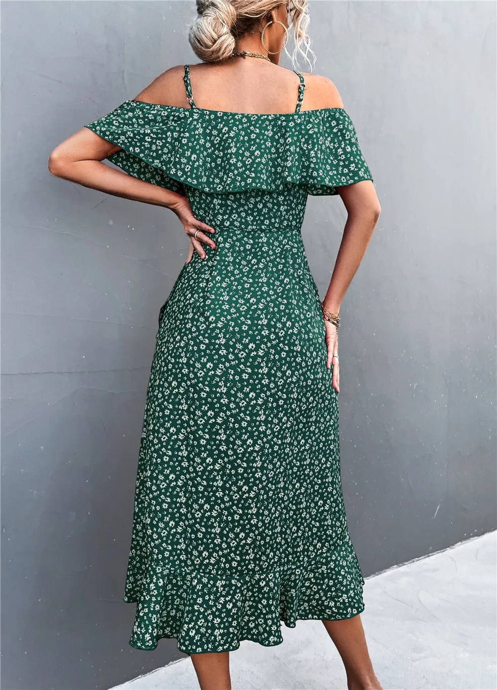 Summer Straps Midi Dress Beach Casual Party Off Shoulder Slim Ruffles Floral Print Dresses