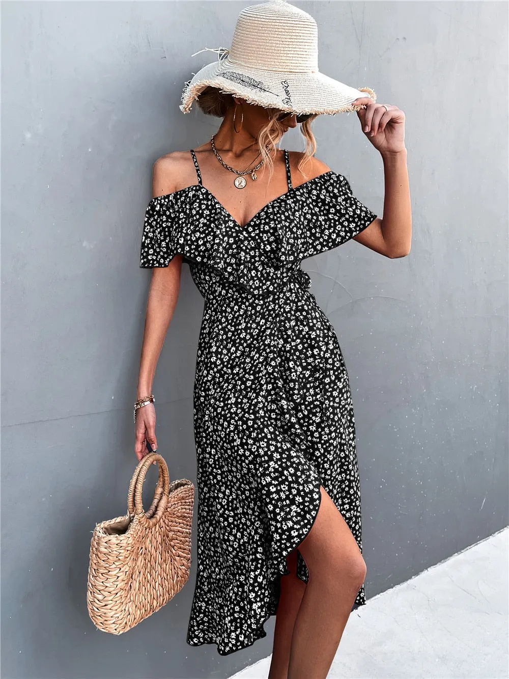 Summer Straps Midi Dress Beach Casual Party Off Shoulder Slim Ruffles Floral Print Dresses