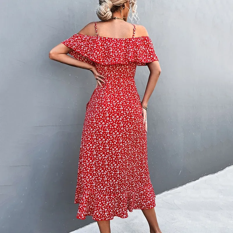 Summer Straps Midi Dress Beach Casual Party Off Shoulder Slim Ruffles Floral Print Dresses