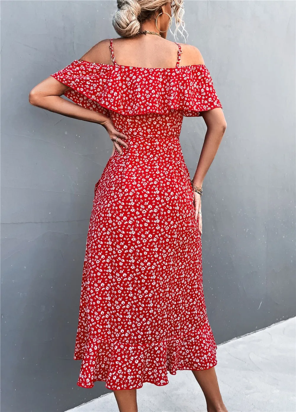 Summer Straps Midi Dress Beach Casual Party Off Shoulder Slim Ruffles Floral Print Dresses