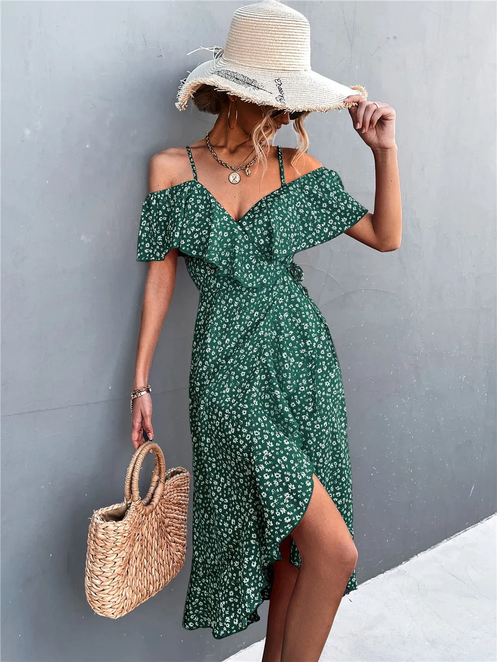Summer Straps Midi Dress Beach Casual Party Off Shoulder Slim Ruffles Floral Print Dresses