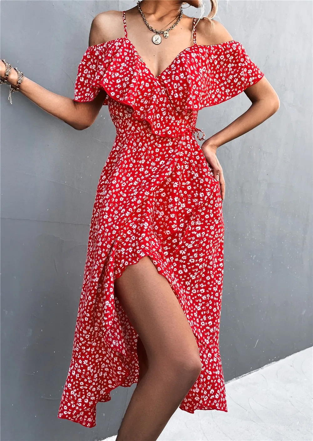 Summer Straps Midi Dress Beach Casual Party Off Shoulder Slim Ruffles Floral Print Dresses