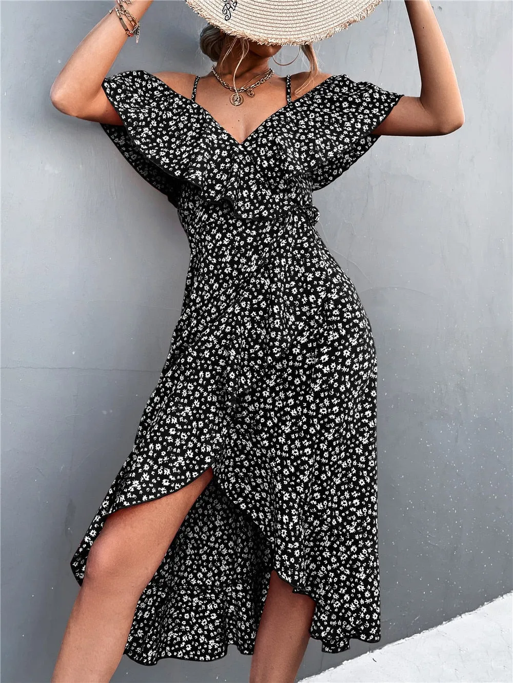 Summer Straps Midi Dress Beach Casual Party Off Shoulder Slim Ruffles Floral Print Dresses