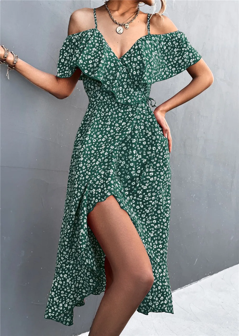 Summer Straps Midi Dress Beach Casual Party Off Shoulder Slim Ruffles Floral Print Dresses