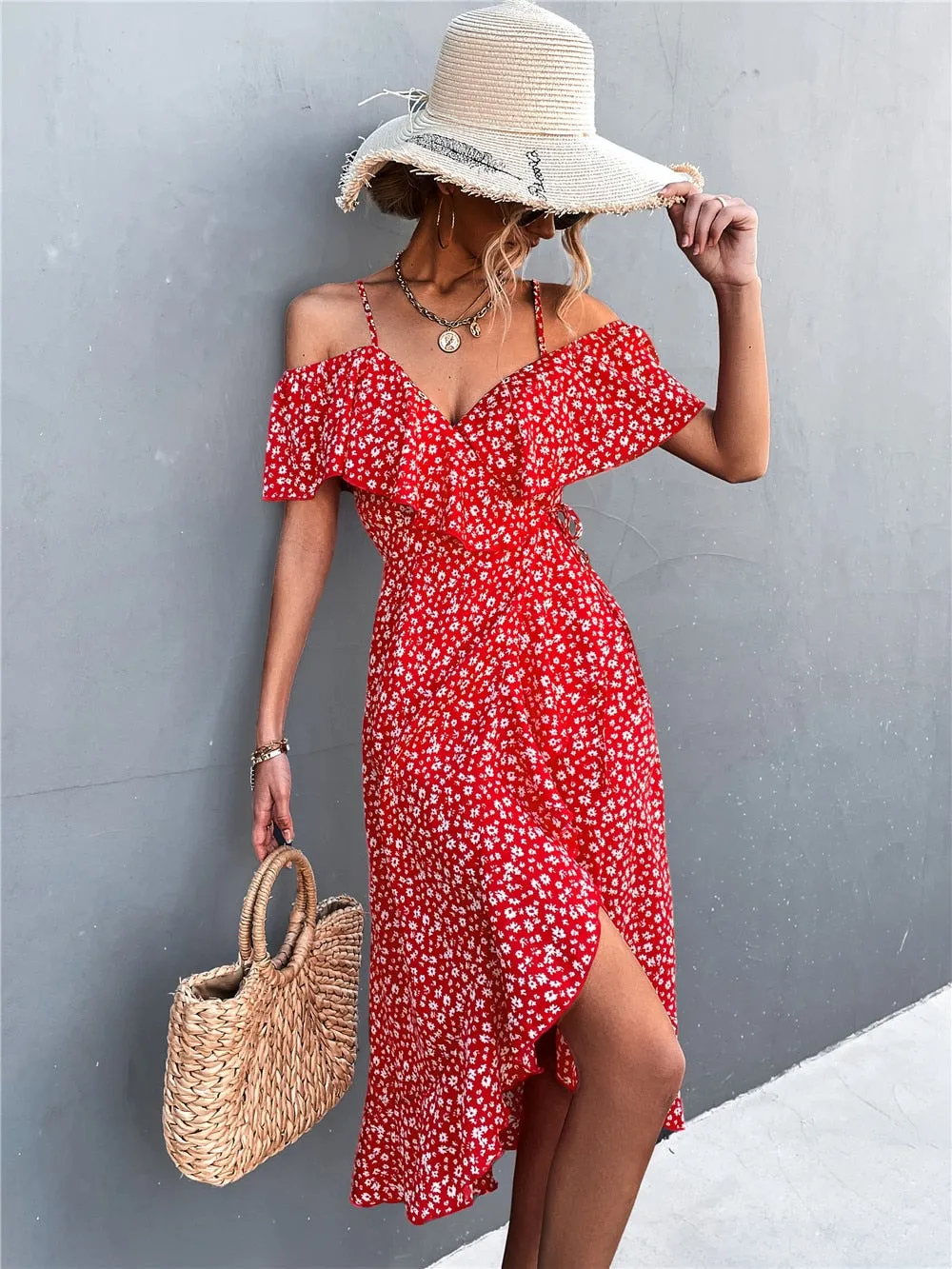 Summer Straps Midi Dress Beach Casual Party Off Shoulder Slim Ruffles Floral Print Dresses