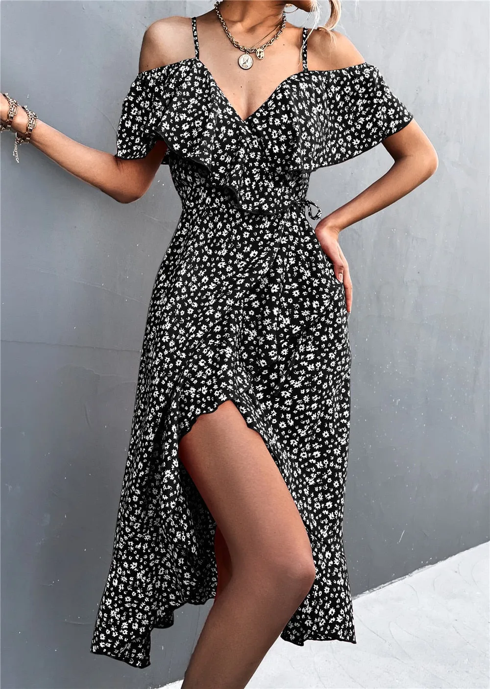 Summer Straps Midi Dress Beach Casual Party Off Shoulder Slim Ruffles Floral Print Dresses