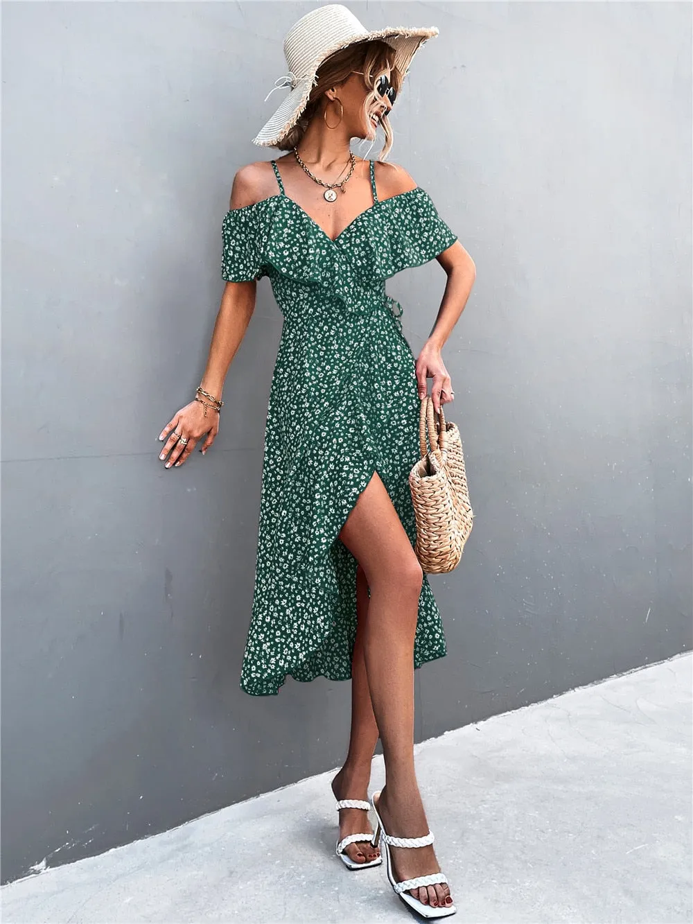 Summer Straps Midi Dress Beach Casual Party Off Shoulder Slim Ruffles Floral Print Dresses