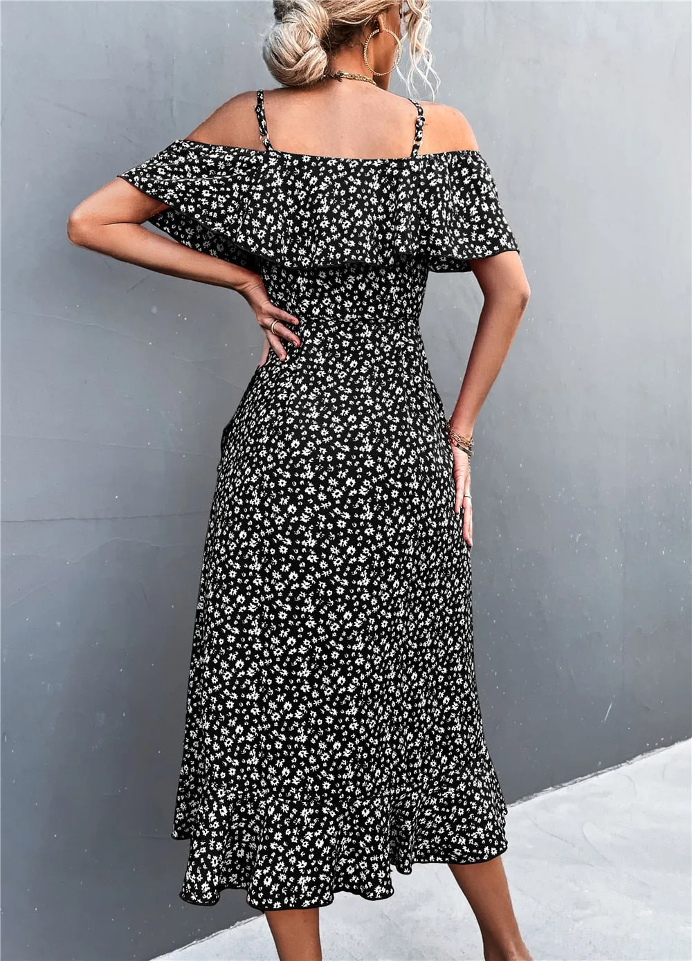 Summer Straps Midi Dress Beach Casual Party Off Shoulder Slim Ruffles Floral Print Dresses