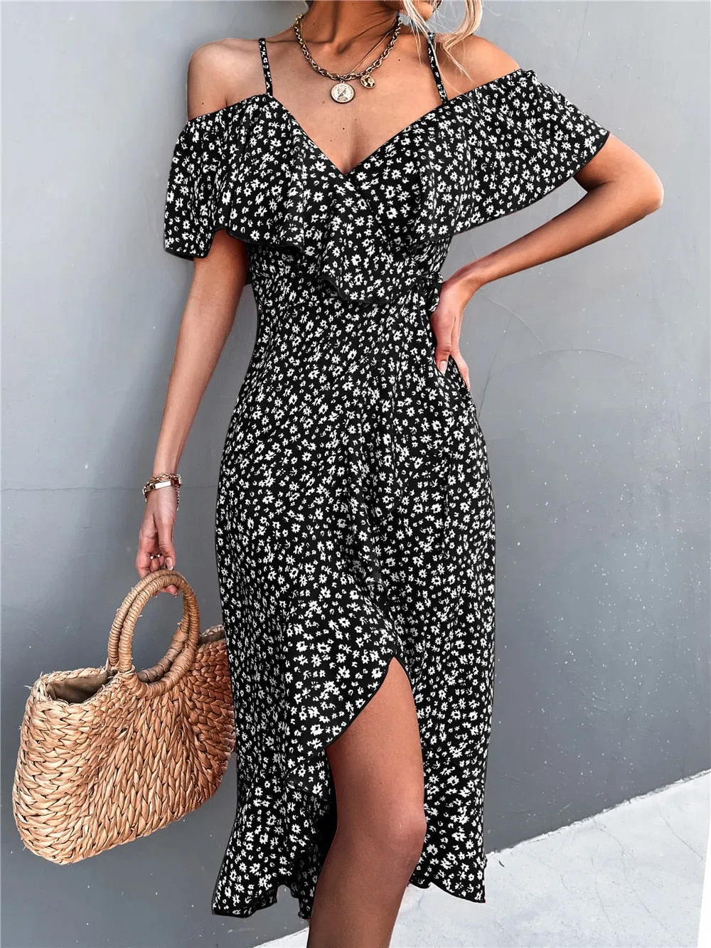 Summer Straps Midi Dress Beach Casual Party Off Shoulder Slim Ruffles Floral Print Dresses