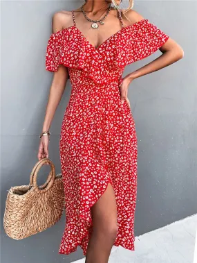 Summer Straps Midi Dress Beach Casual Party Off Shoulder Slim Ruffles Floral Print Dresses