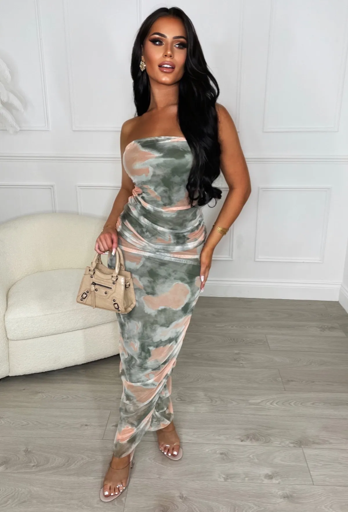 Under Pressure Khaki Ruched Mesh Midi Skirt
