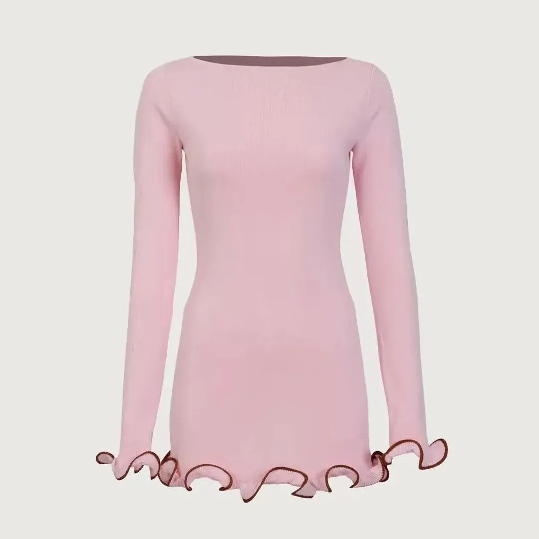 Unique Boat Neck Long Sleeve Contrast Ruffle Hem Rib Knit Sweater Mini Dress