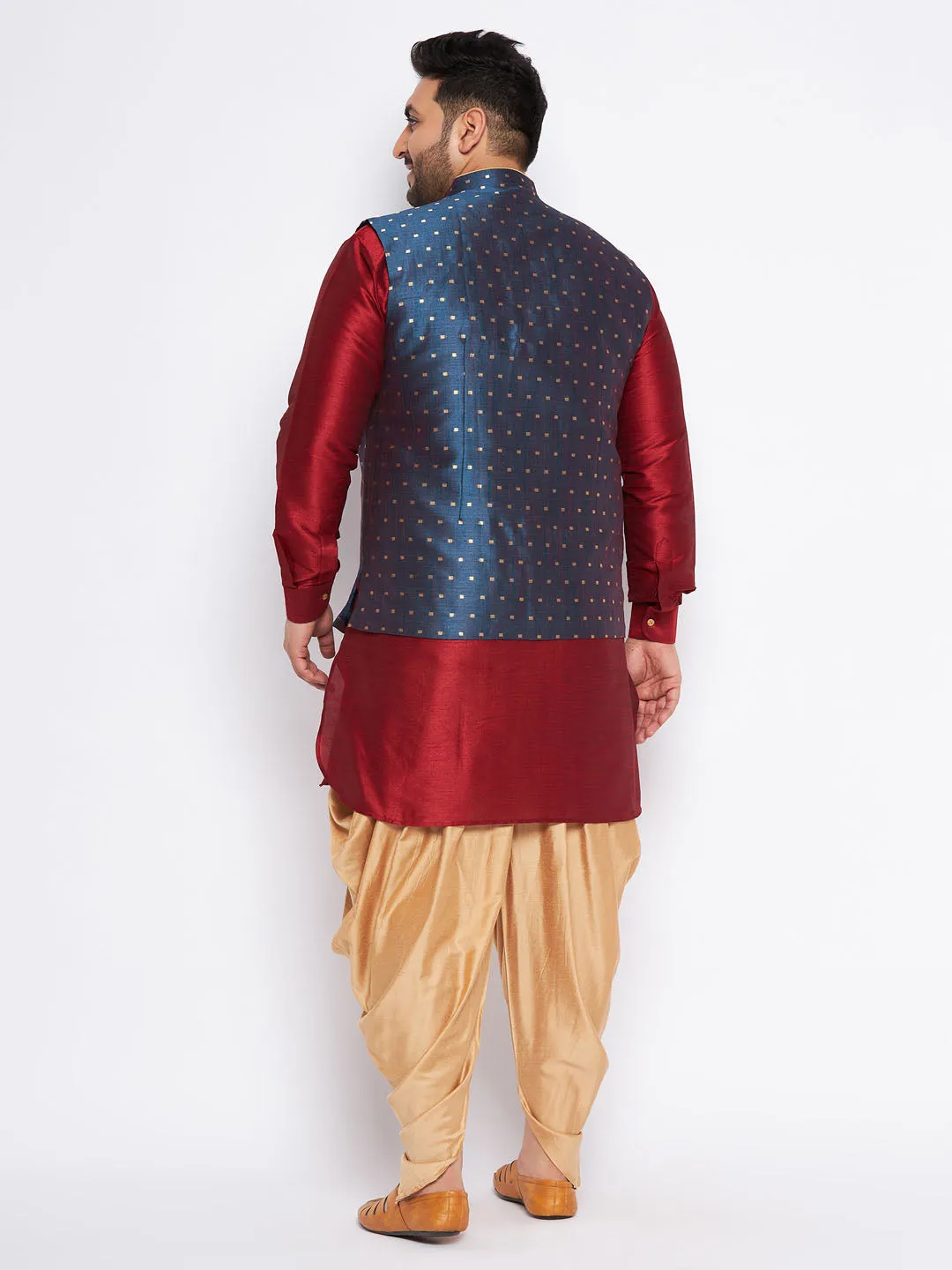 VASTRAMAY Blue Zari Weaved Nehru Jacket With Kurta Dhoti Set