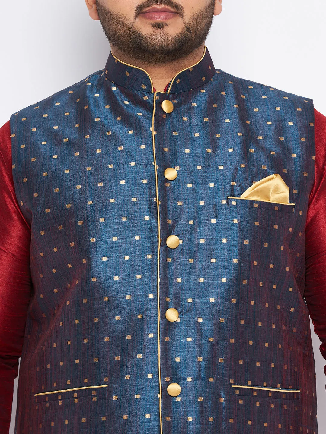 VASTRAMAY Blue Zari Weaved Nehru Jacket With Kurta Dhoti Set