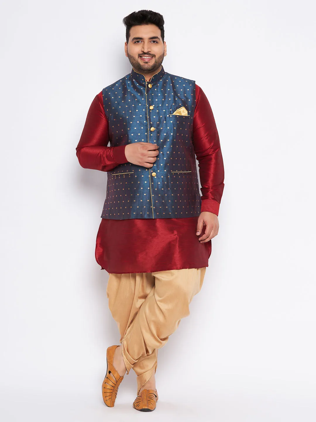 VASTRAMAY Blue Zari Weaved Nehru Jacket With Kurta Dhoti Set