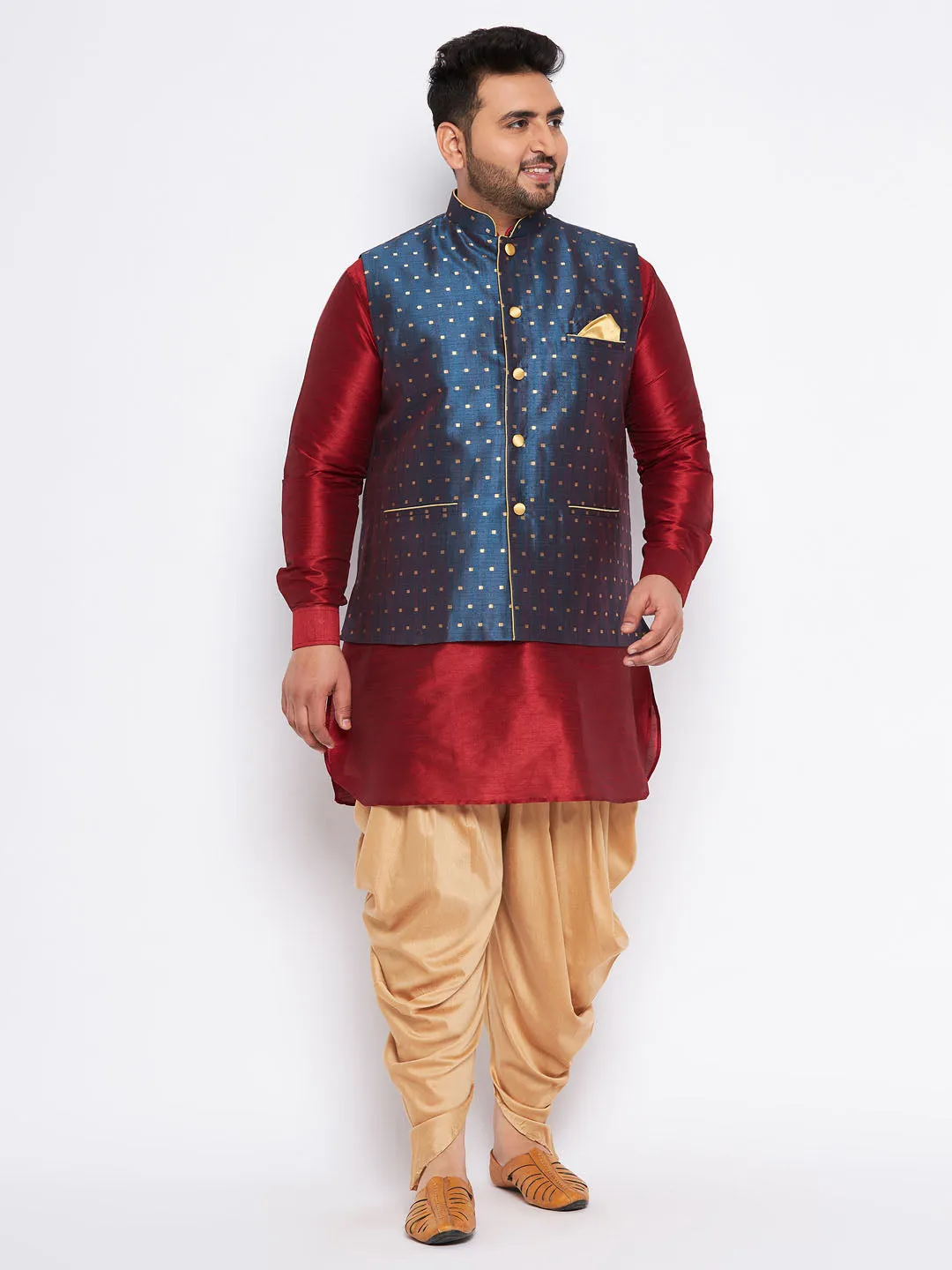 VASTRAMAY Blue Zari Weaved Nehru Jacket With Kurta Dhoti Set