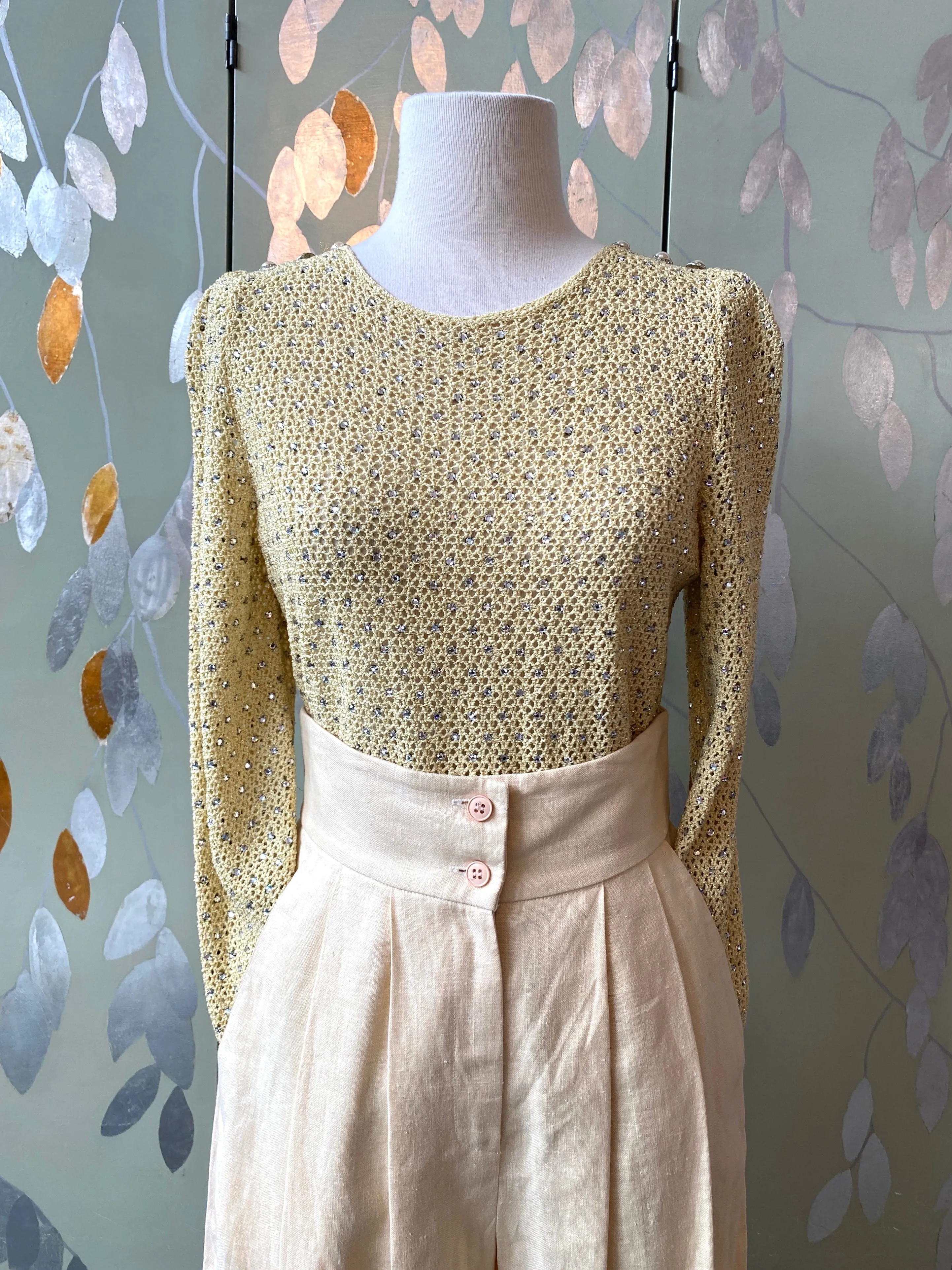 Vintage 1970s Adolfo Yellow Sparkly Rhinestone Crochet Top, Small- Med