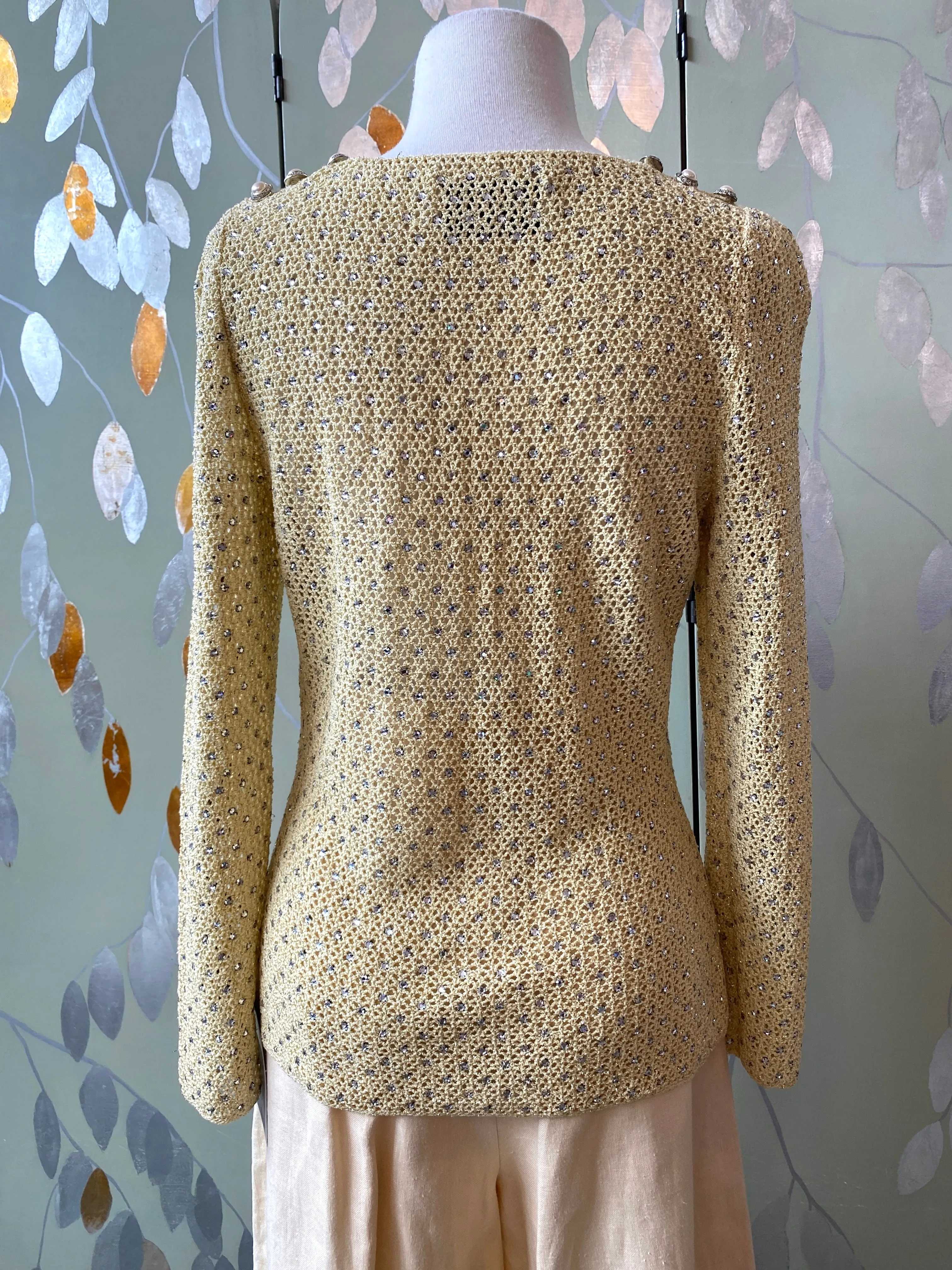 Vintage 1970s Adolfo Yellow Sparkly Rhinestone Crochet Top, Small- Med