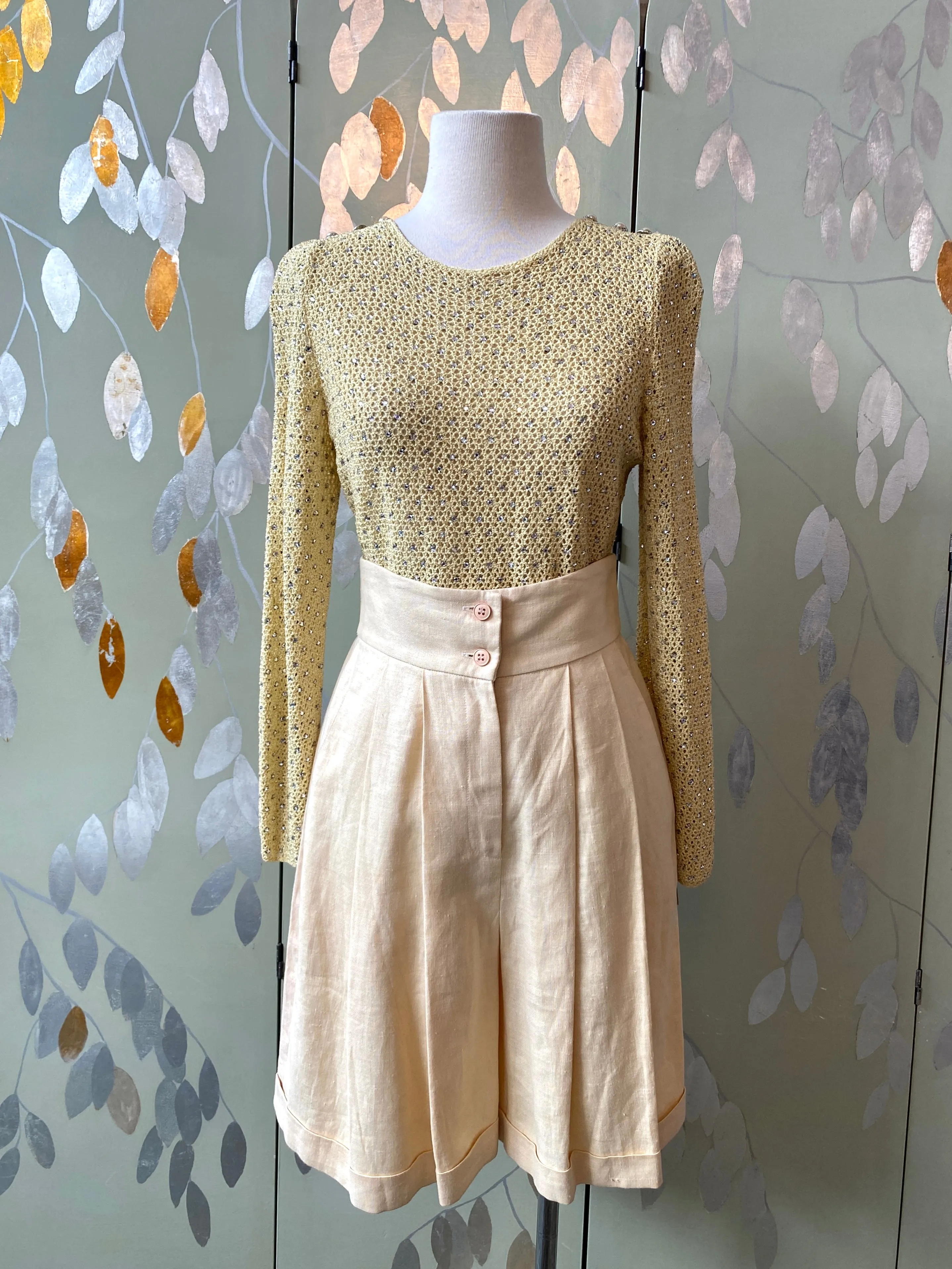 Vintage 1970s Adolfo Yellow Sparkly Rhinestone Crochet Top, Small- Med