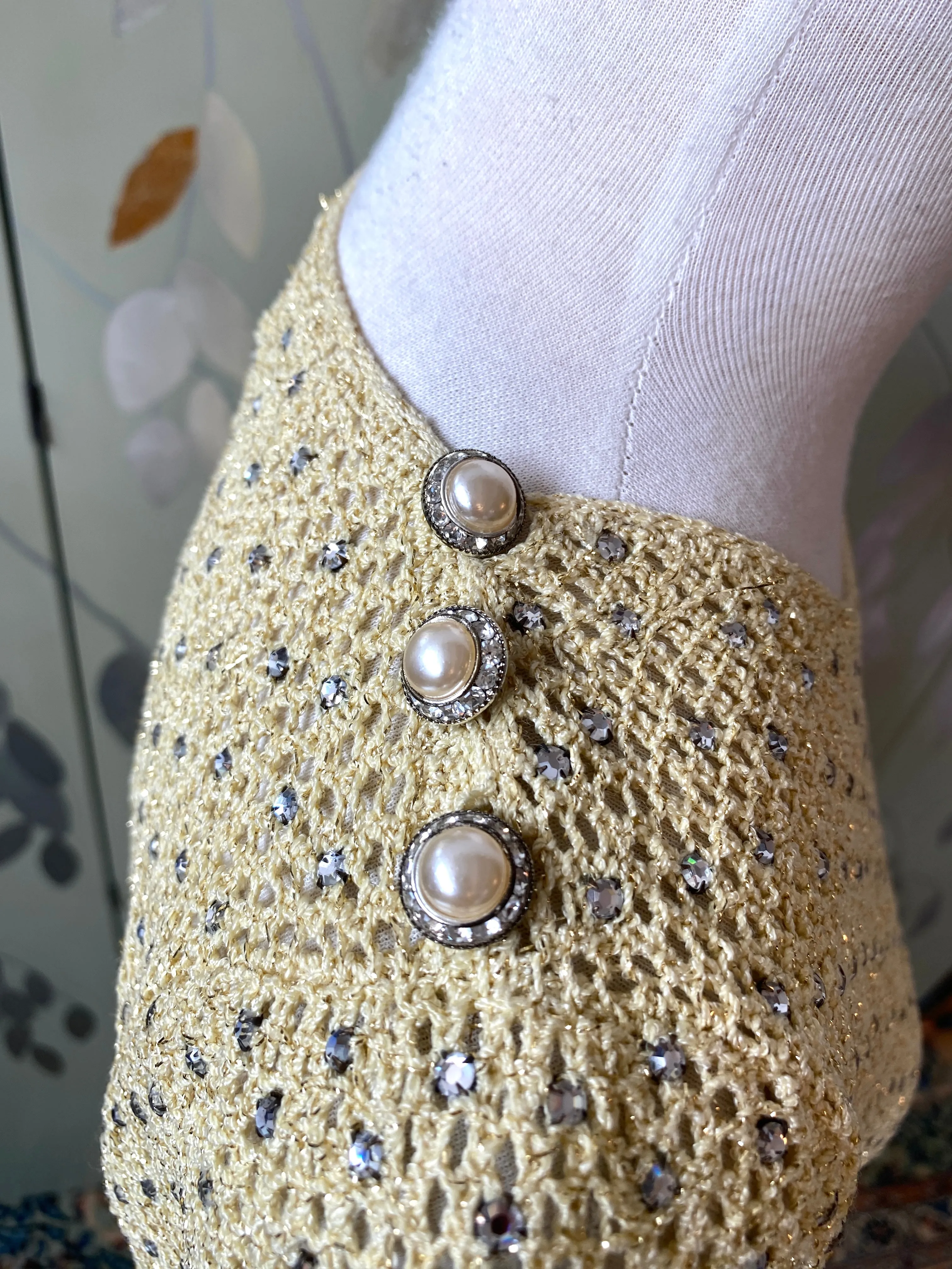 Vintage 1970s Adolfo Yellow Sparkly Rhinestone Crochet Top, Small- Med
