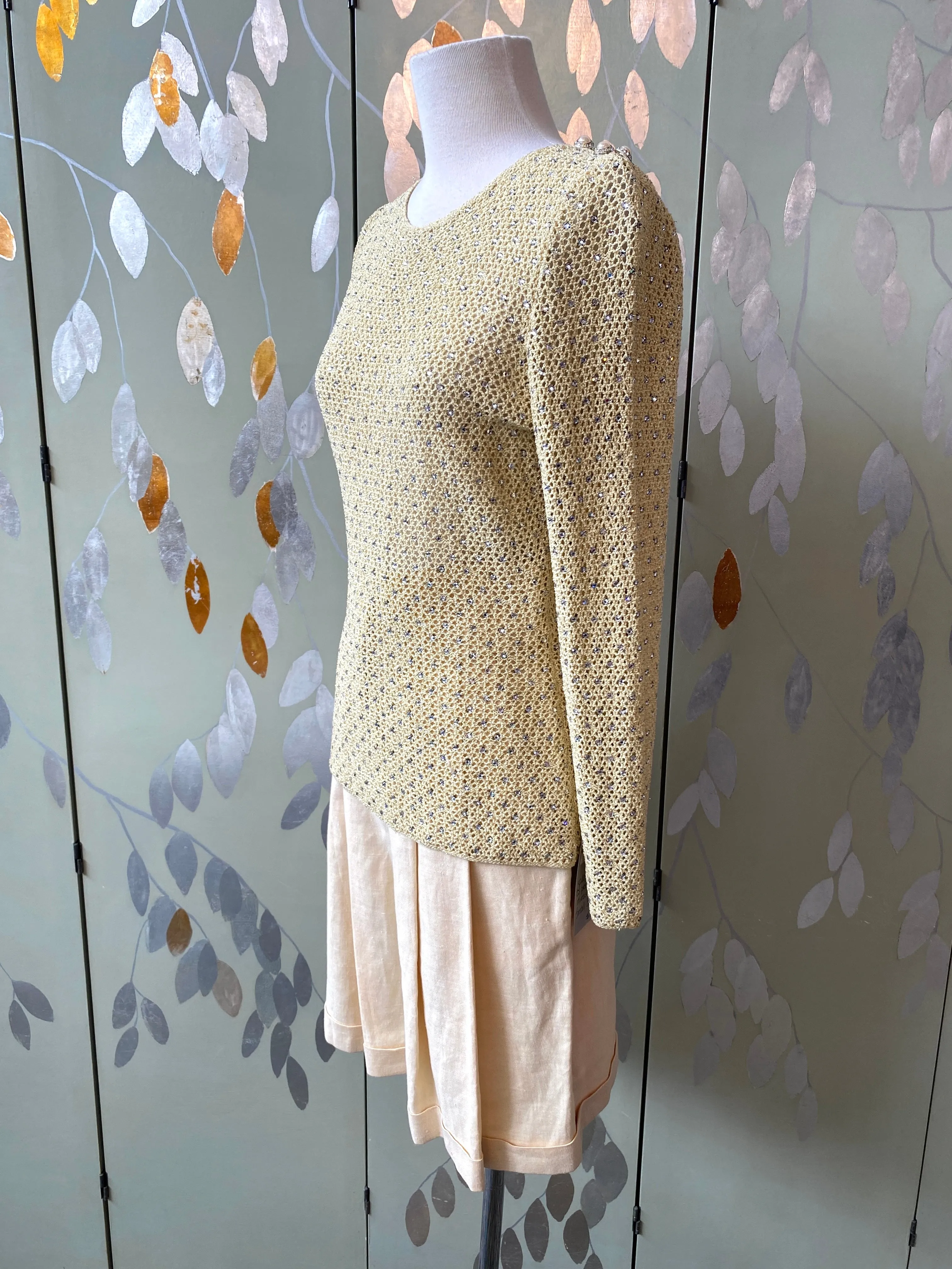 Vintage 1970s Adolfo Yellow Sparkly Rhinestone Crochet Top, Small- Med