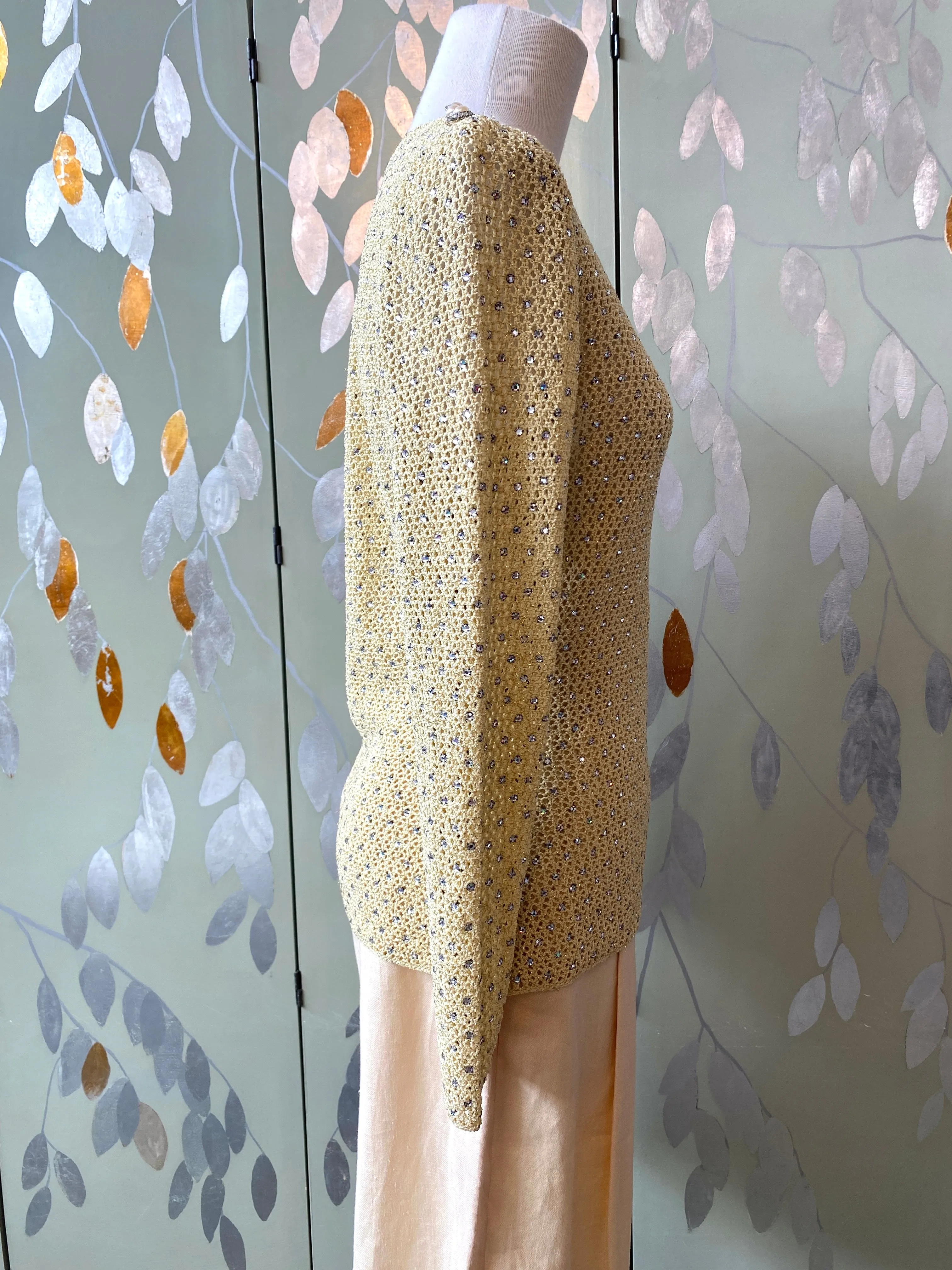 Vintage 1970s Adolfo Yellow Sparkly Rhinestone Crochet Top, Small- Med