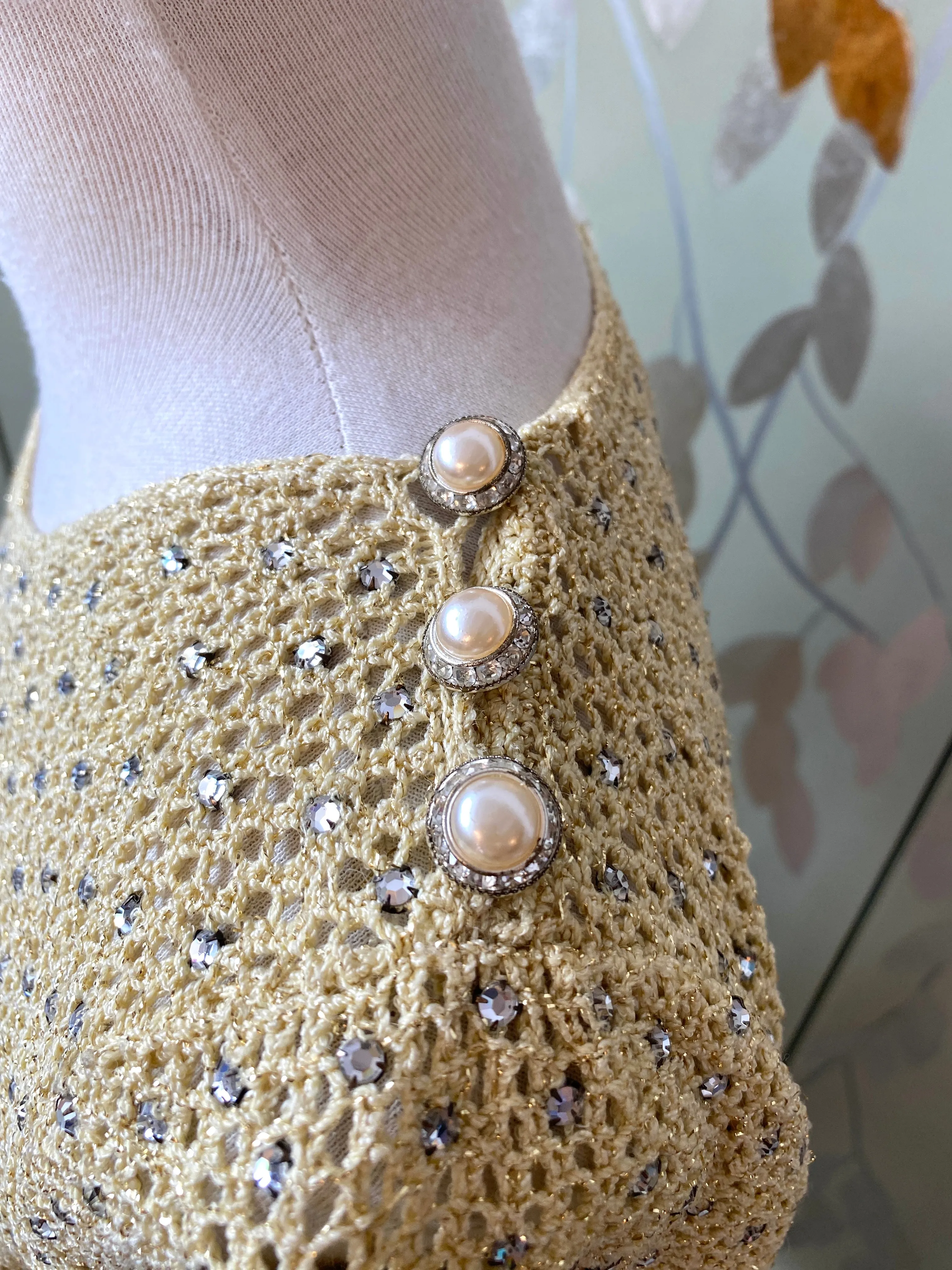Vintage 1970s Adolfo Yellow Sparkly Rhinestone Crochet Top, Small- Med