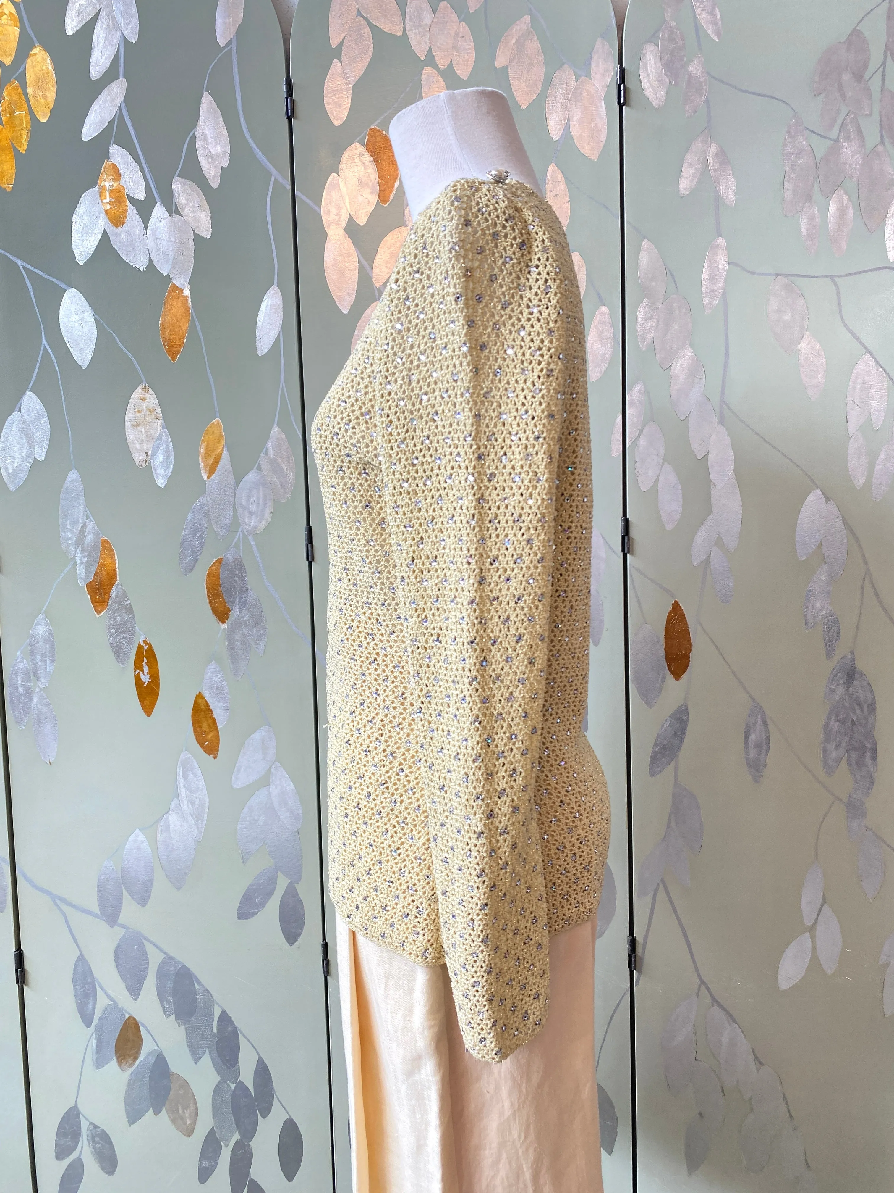 Vintage 1970s Adolfo Yellow Sparkly Rhinestone Crochet Top, Small- Med