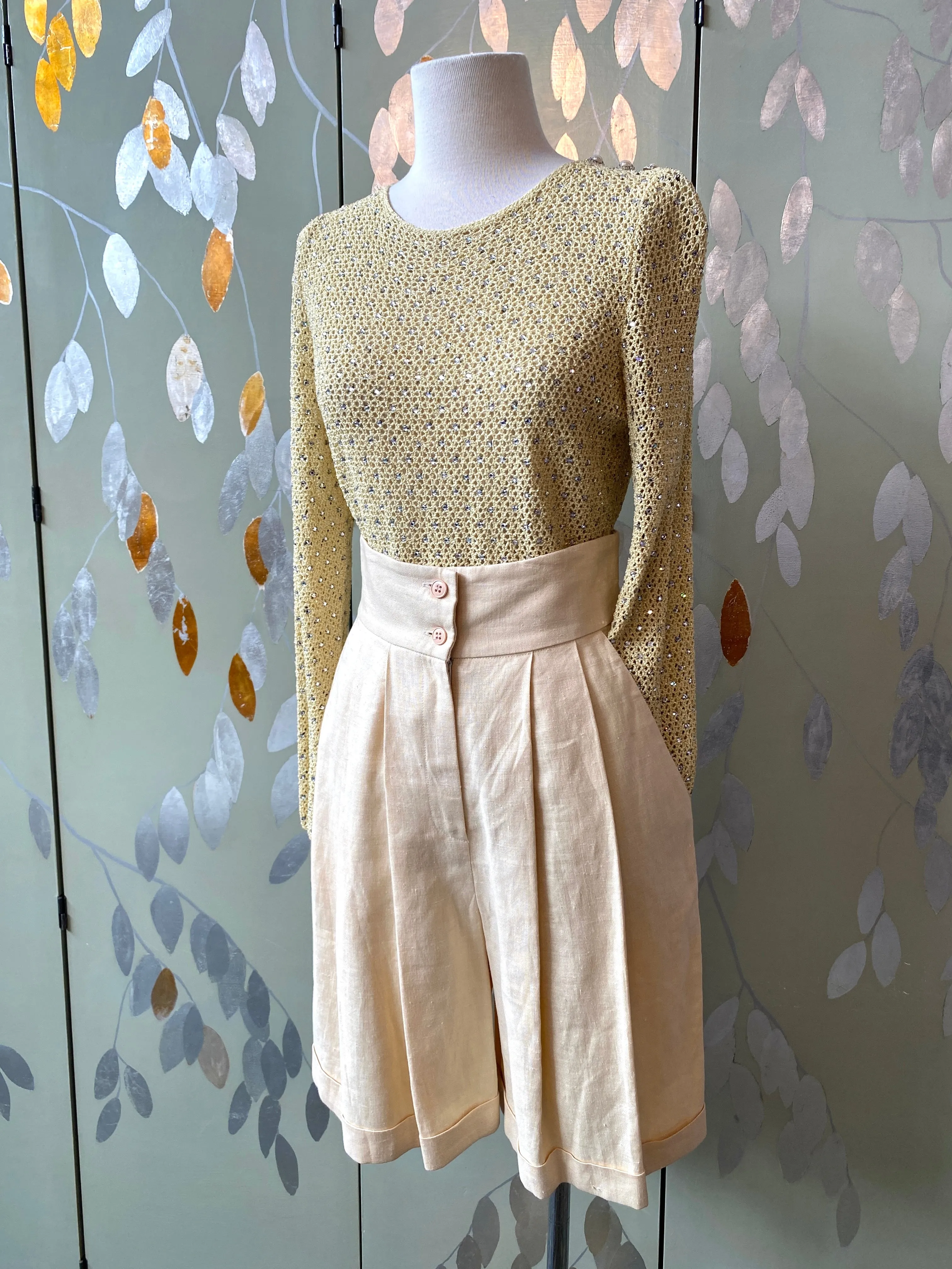 Vintage 1970s Adolfo Yellow Sparkly Rhinestone Crochet Top, Small- Med