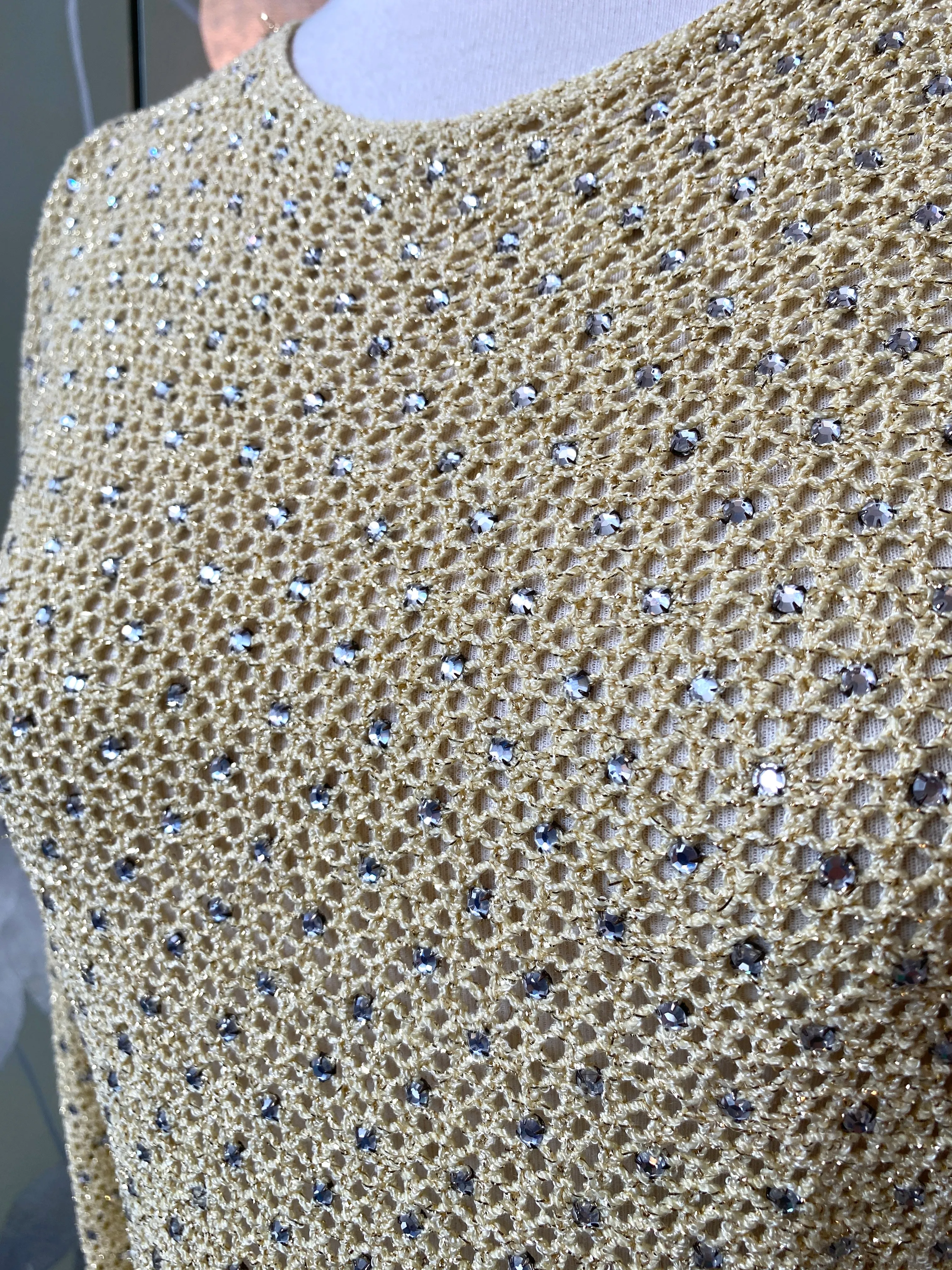 Vintage 1970s Adolfo Yellow Sparkly Rhinestone Crochet Top, Small- Med