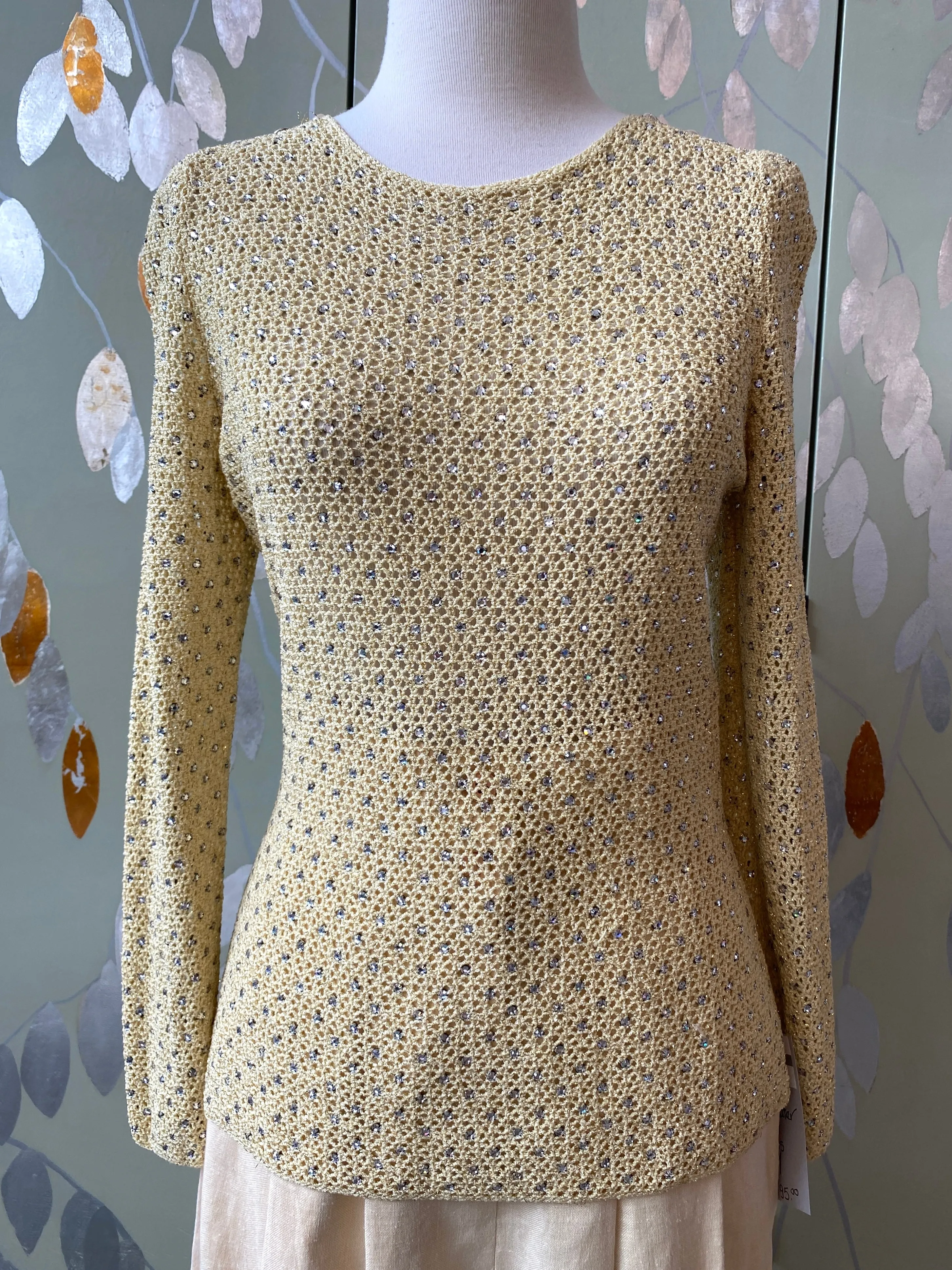 Vintage 1970s Adolfo Yellow Sparkly Rhinestone Crochet Top, Small- Med