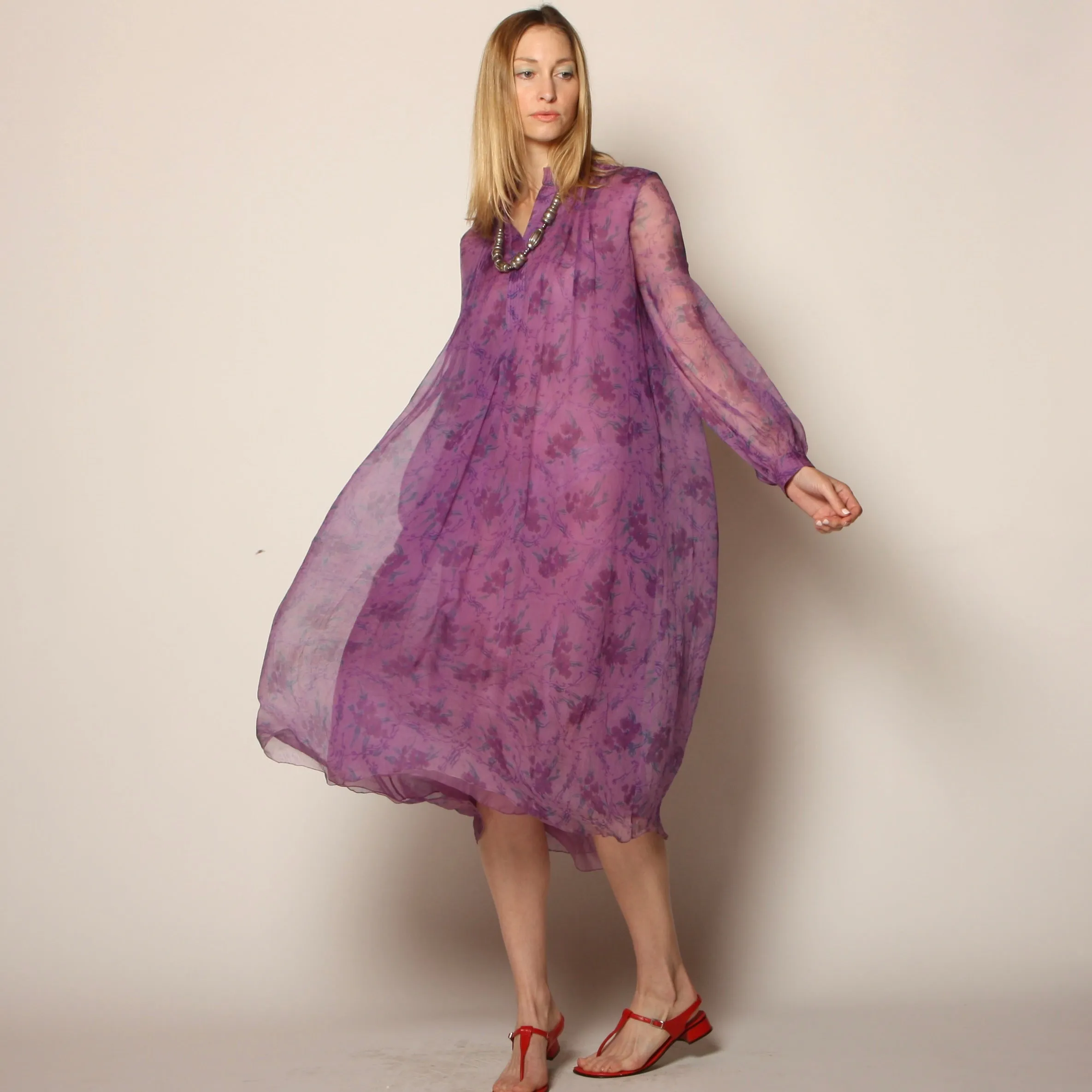 Vintage 70's India Block Print Floral Silk Midi Dress