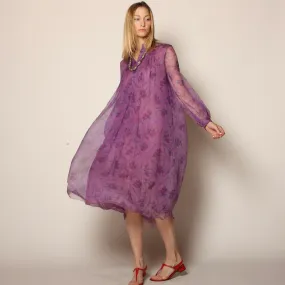 Vintage 70's India Block Print Floral Silk Midi Dress