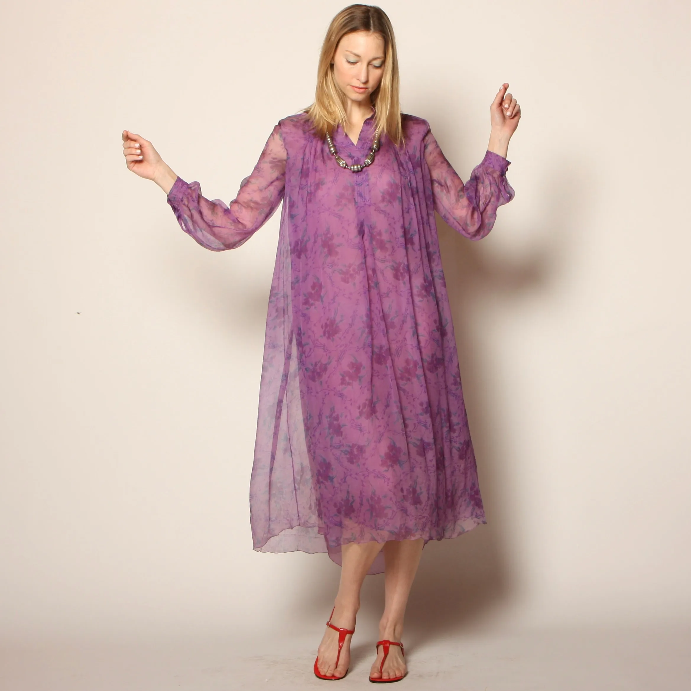 Vintage 70's India Block Print Floral Silk Midi Dress
