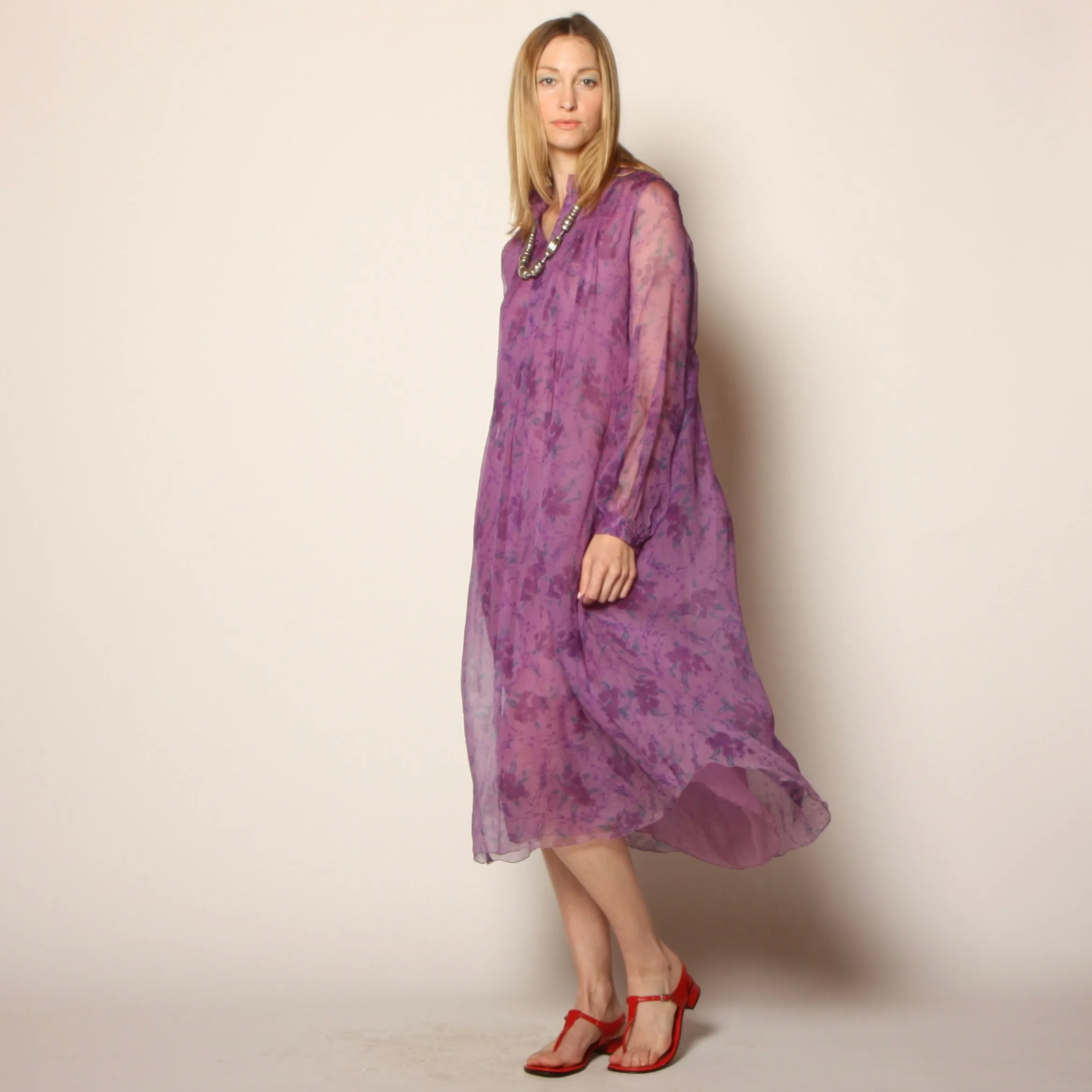 Vintage 70's India Block Print Floral Silk Midi Dress