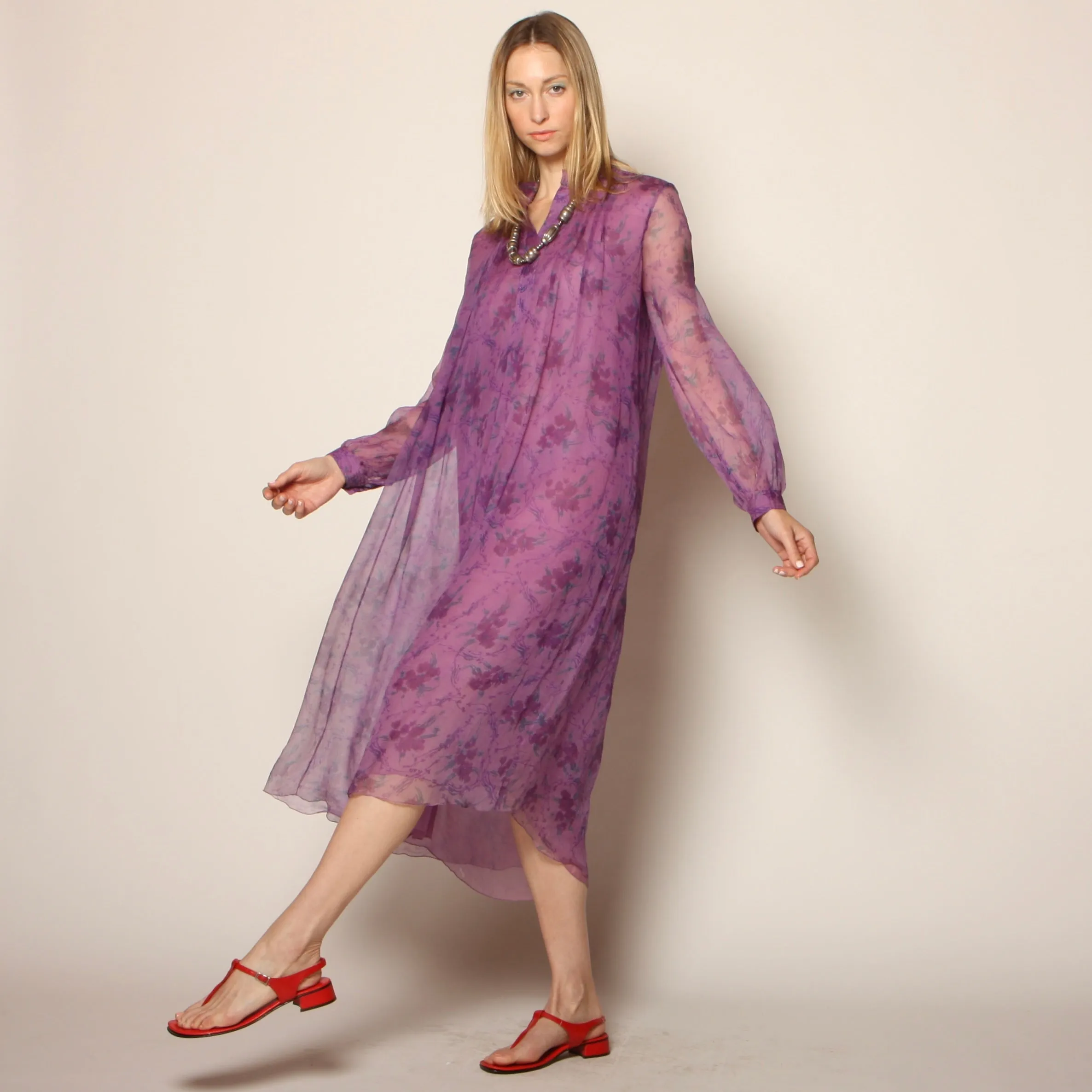 Vintage 70's India Block Print Floral Silk Midi Dress