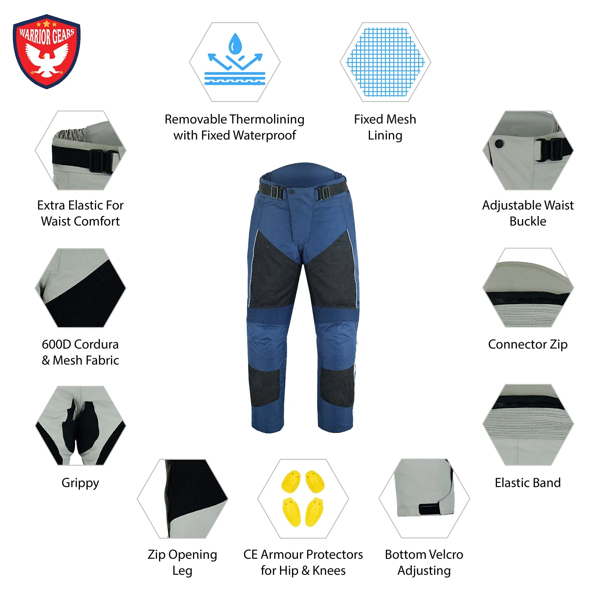 Warrior Gears Air Mesh Motorcycle Trousers for Men, Breathable Waterproof Textile Trousers for Men with Removable Lining & CE Armours - Black & Navy