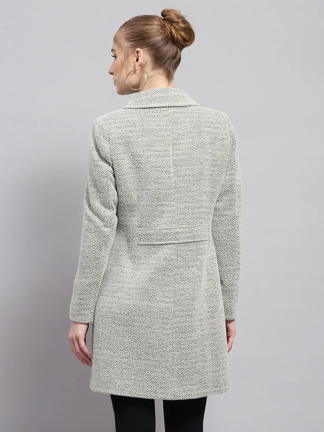 Women Grey Self Design Collar Full Sleeve Coat