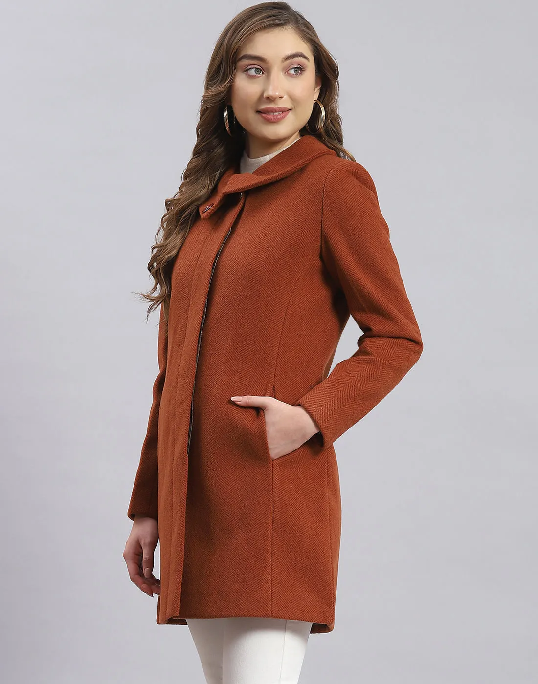 Women Rust Solid Collar Full Sleeve Coat