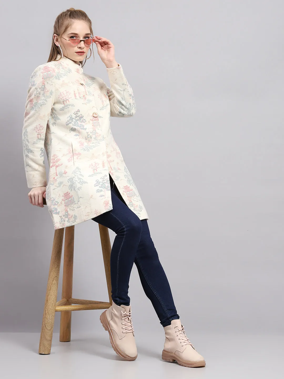 Women White Embroidered Mock Neck Full Sleeve Coat